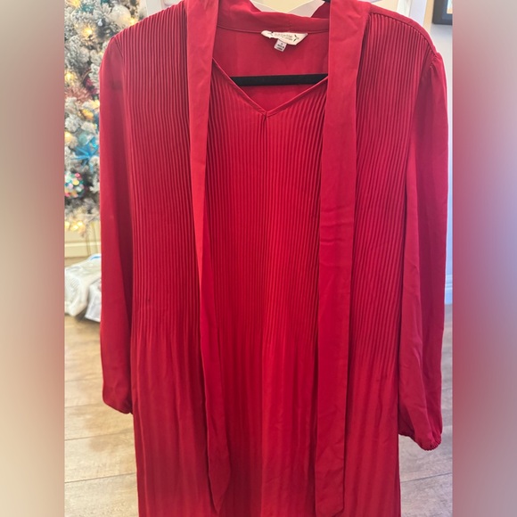 Nanette Lepore Red Pleated Dress with Tie Neck - Picture 2 of 7